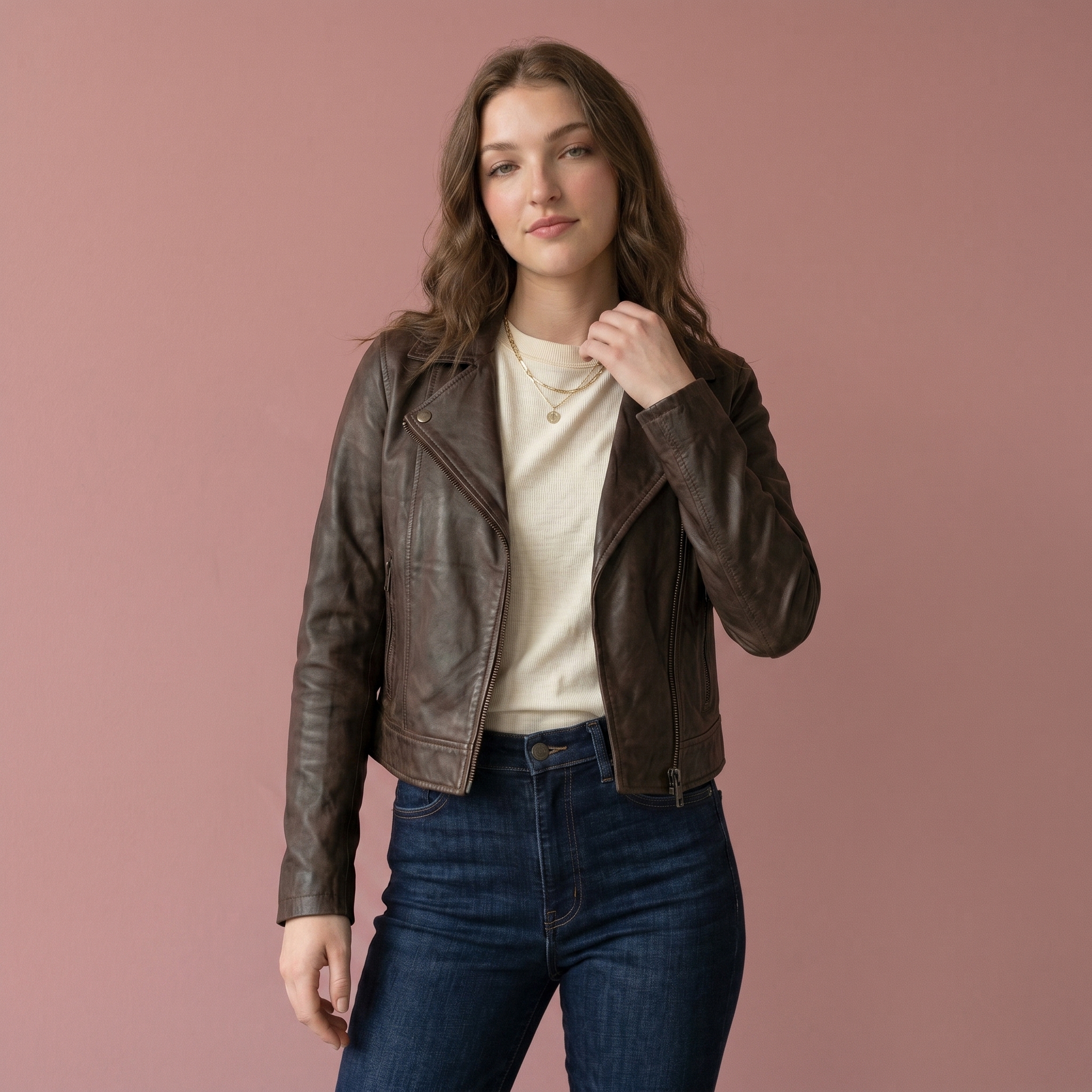 Chaqueta de Cuero Cropped Chocolate – Biker Premium